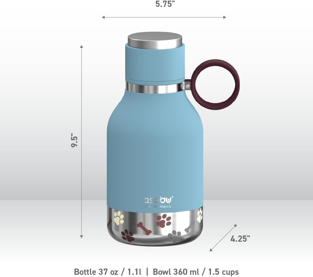Stainless Steel Insulated Travel Bottle with Attached Dog Bowl - 37 oz (1.1 Liter) - Blue