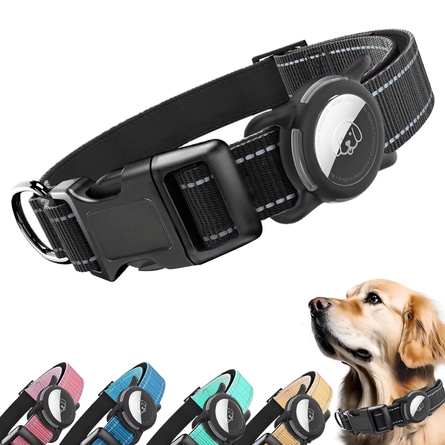 Premium Airtag Dog Collar with Waterproof Case, Reflective Soft Padding, and Adjustable Design for Large Dogs