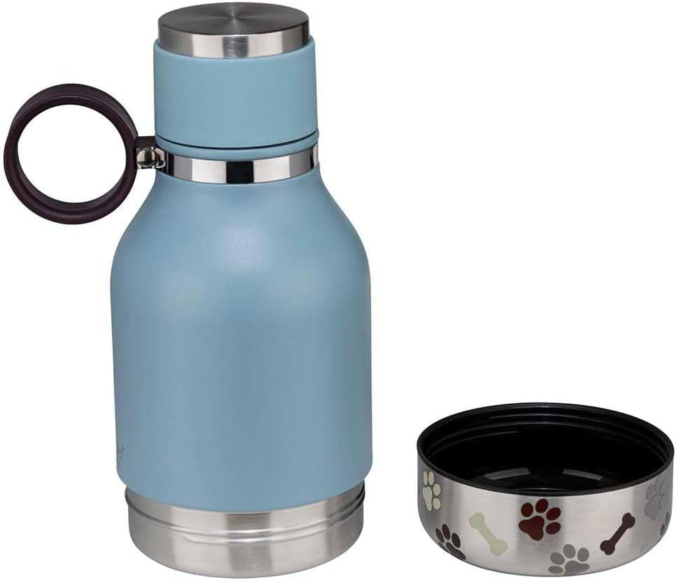 Stainless Steel Insulated Travel Bottle with Attached Dog Bowl - 37 oz (1.1 Liter) - Blue