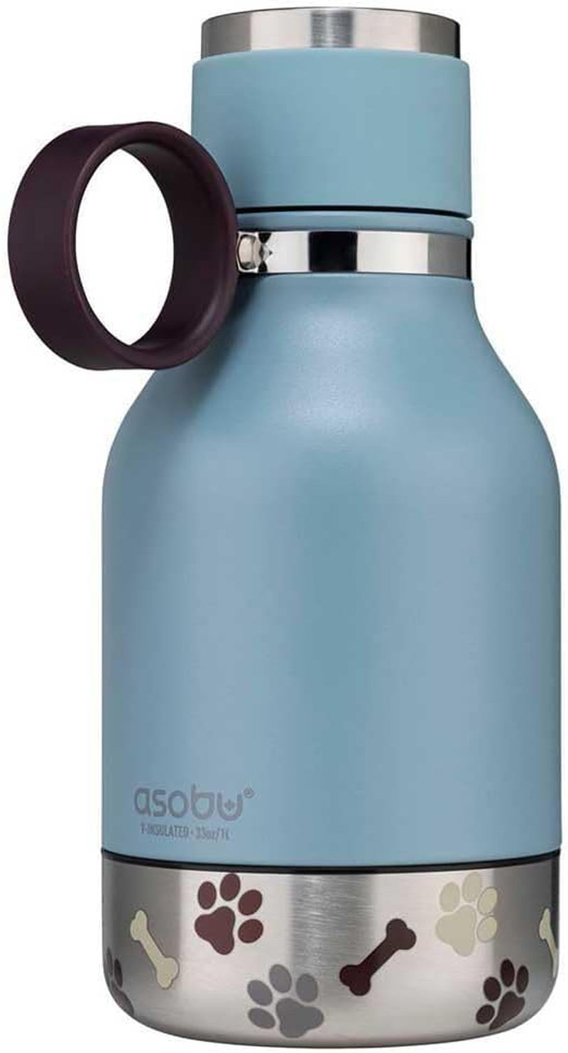 Stainless Steel Insulated Travel Bottle with Attached Dog Bowl - 37 oz (1.1 Liter) - Blue