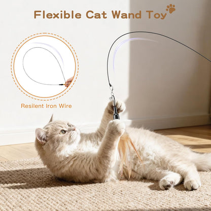 Feather Teaser Cat Toy - Interactive 34.5" Wand with Small Bell for Engaging Play and Exercise for Kittens and Cats, Brown Feather Design