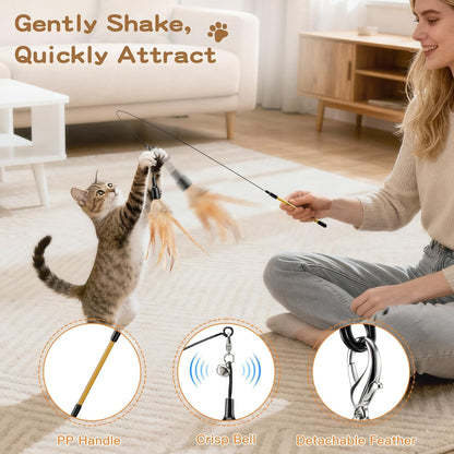 Feather Teaser Cat Toy - Interactive 34.5" Wand with Small Bell for Engaging Play and Exercise for Kittens and Cats, Brown Feather Design