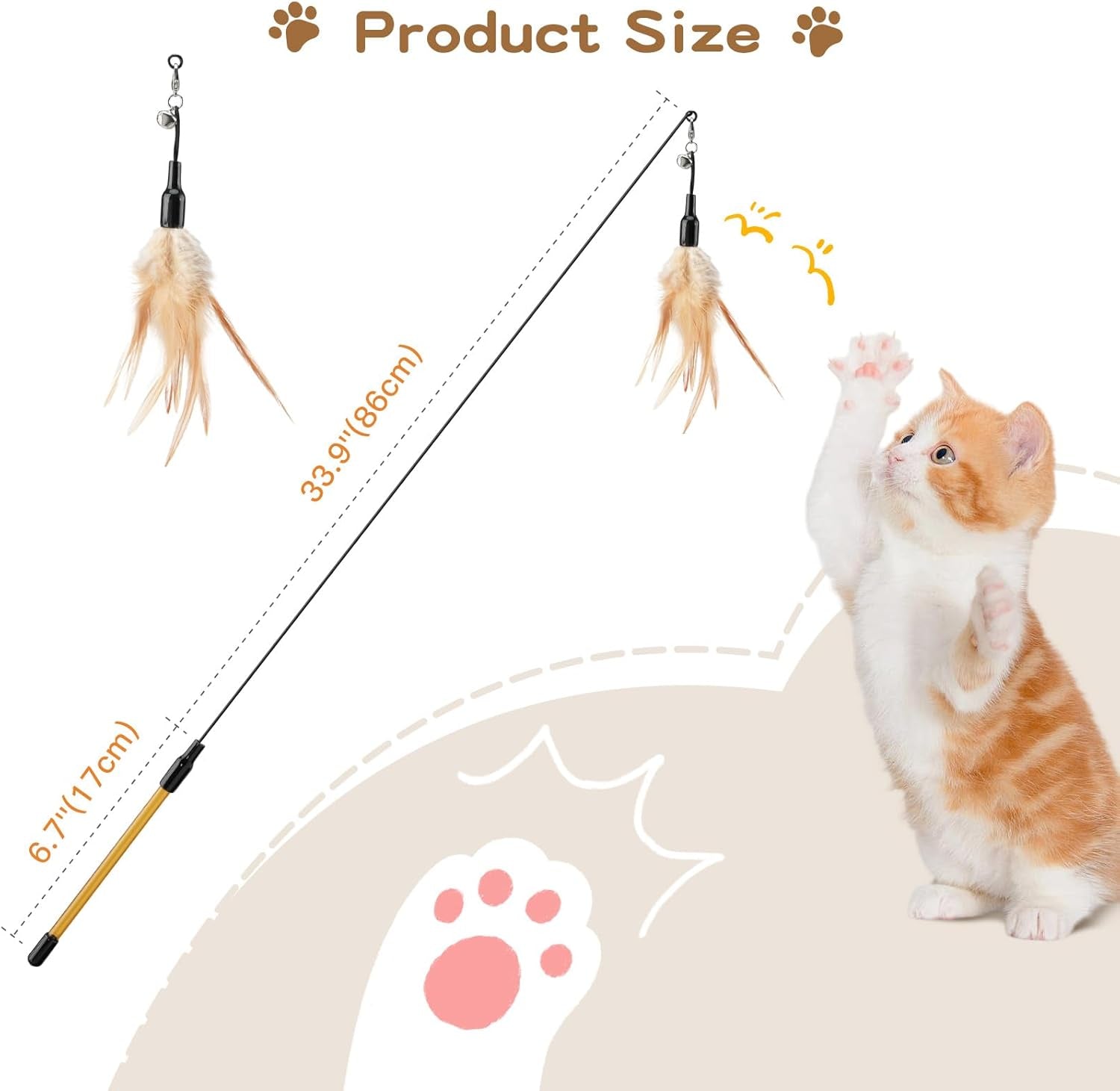 Feather Teaser Cat Toy - Interactive 34.5" Wand with Small Bell for Engaging Play and Exercise for Kittens and Cats, Brown Feather Design