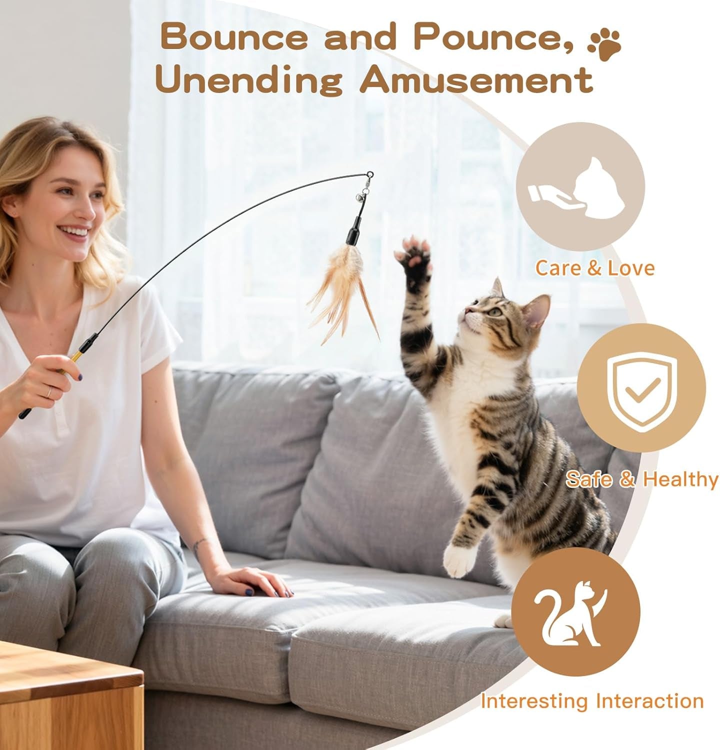 Feather Teaser Cat Toy - Interactive 34.5" Wand with Small Bell for Engaging Play and Exercise for Kittens and Cats, Brown Feather Design