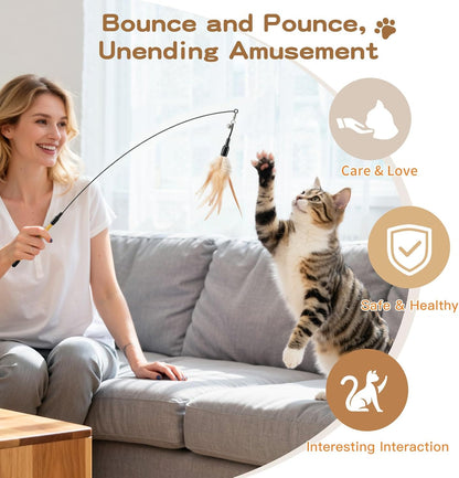 Feather Teaser Cat Toy - Interactive 34.5" Wand with Small Bell for Engaging Play and Exercise for Kittens and Cats, Brown Feather Design