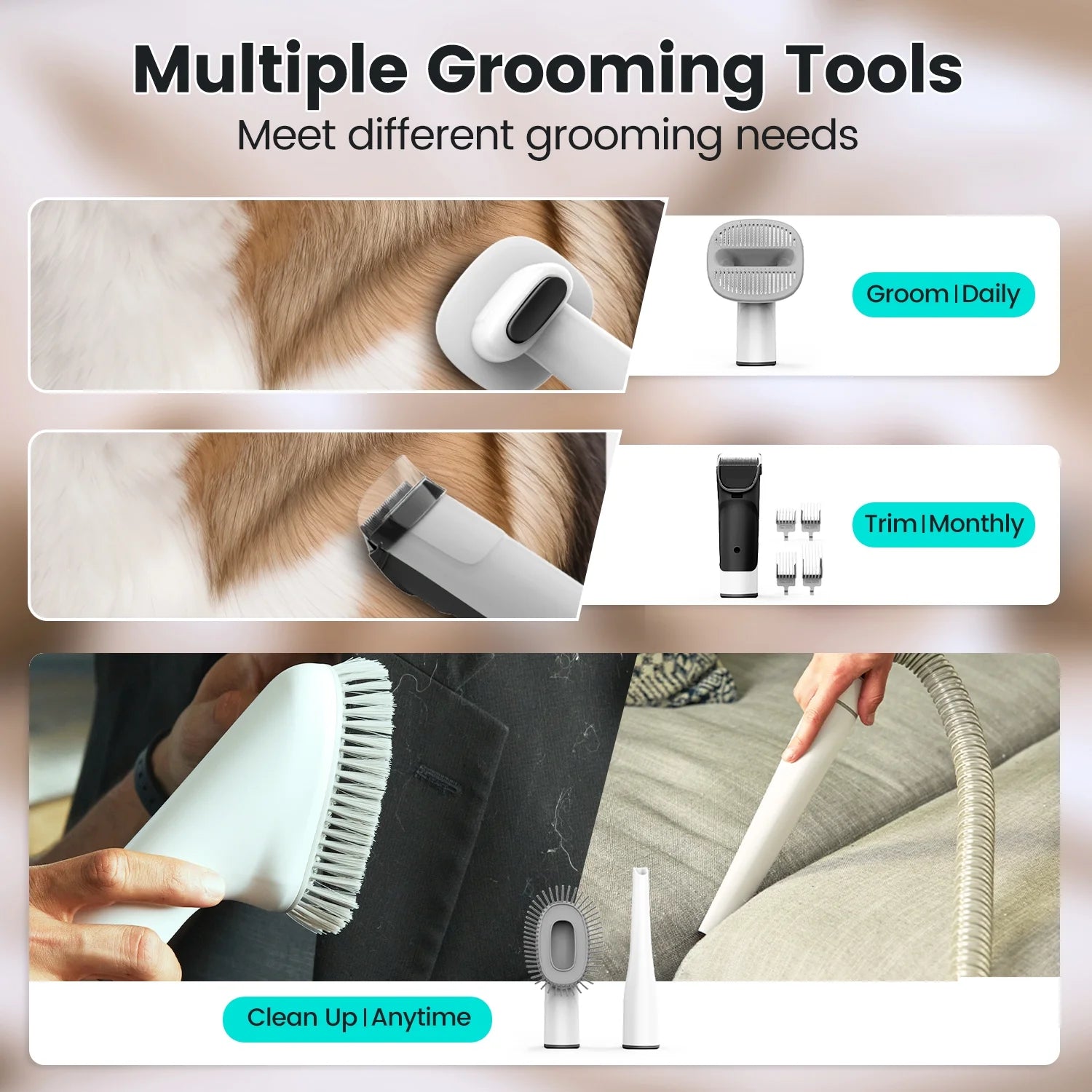 7-in-1 Dog Grooming Vacuum Kit with 11000Pa Super Suction for Effective Pet Hair Removal and Low Noise Operation