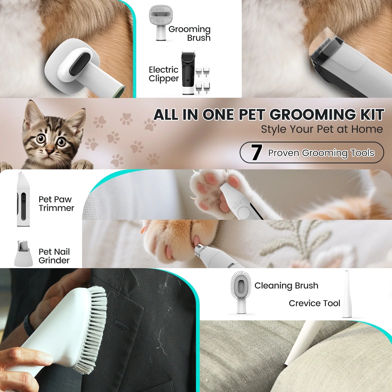 7-in-1 Dog Grooming Vacuum Kit with 11000Pa Super Suction for Effective Pet Hair Removal and Low Noise Operation